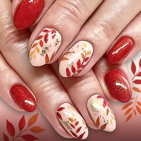 Autumn Winter Short Almond Press On Nails Glitter Glossy Detachable Fake Nails With Maple Leaf Gold Foil For Women Nail Art Decor