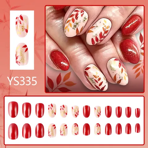 Autumn Winter Short Almond Press On Nails Glitter Glossy Detachable Fake Nails With Maple Leaf Gold Foil For Women Nail Art Decor