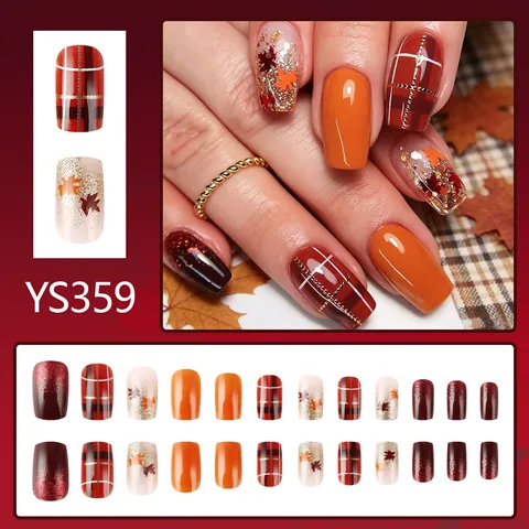Autumn Winter Maple Leaf Gold Line Glitter Press On Nails Caramel Smudge Plaid Pattern Reusable False Nails For Women Fashion Jewelry