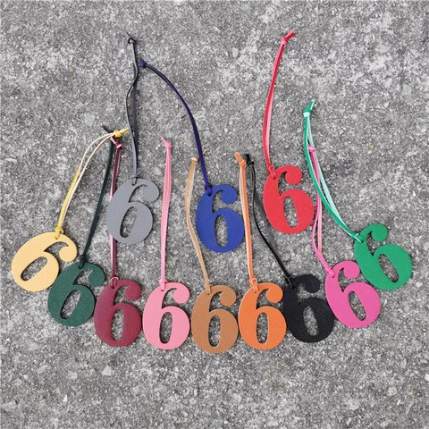 Genuine Leather Number Six Bag Charm Lucky Digital Keychain Pendant Solid Color Litchi Texture Purse Hanging Decoration Accessory