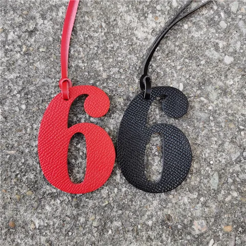Genuine Leather Number Six Bag Charm Lucky Digital Keychain Pendant Solid Color Litchi Texture Purse Hanging Decoration Accessory