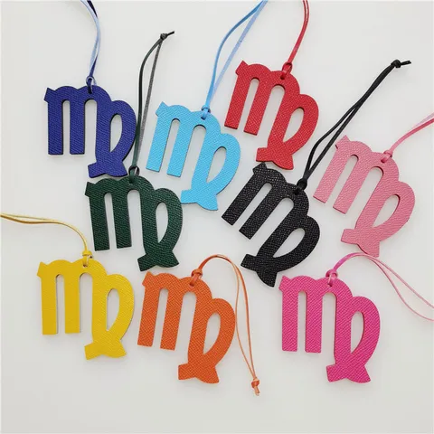 Genuine Leather Cowhide Virgo Zodiac Bag Charm Cross Grain Embossed Pendant For Car Hanging Backpack Purse Handbag Decor