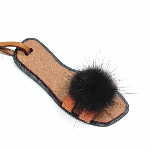 Mini 3D Hausschuh Taschenanhänger Mit Nerzfell Pompon Bonbonfarben PU-Leder Schlüsselanhänger Damen Handtaschenanhänger Auto Zubehör
