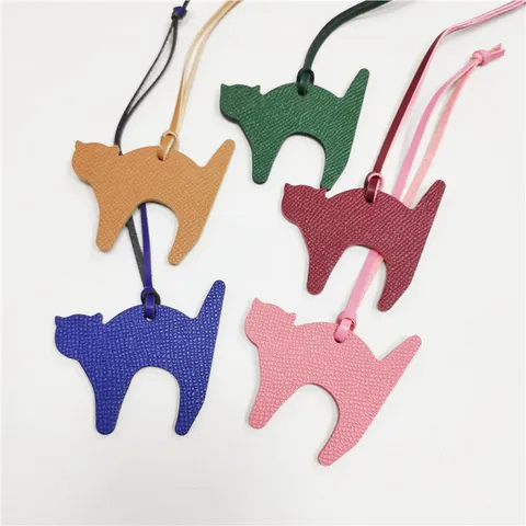 Cute Cowhide Leather Cat Bag Charm Litchi Texture Animal Shape Embossed Purse Pendant Keyring Decoration For Women Handbag Accessories