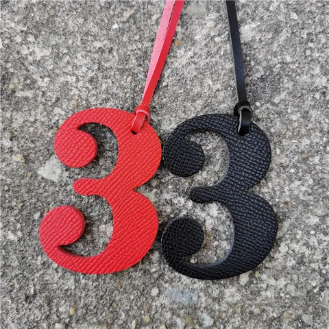 Genuine Leather Number 3 Bag Charm Lucky Number Keychain Lychee Grain Leather Pendant For DIY Bag Accessories Decoration Women Men Gift