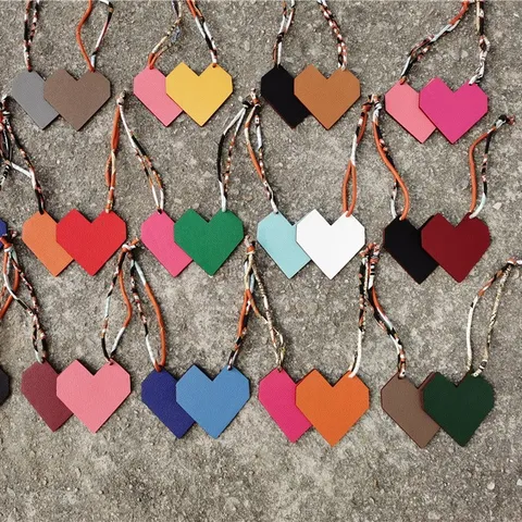 Luxury Cattle Hide Double Sided Heart Bag Charm Printed Silk Rope Leather Rhombus Pattern Candy Color Women Bag Ornament