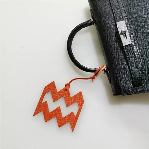 Aquarius Zodiac Leather Bag Charm Genuine Cowhide Litchi Grain Wave Pendant For Handbag Purse Backpack Keychain Accessory