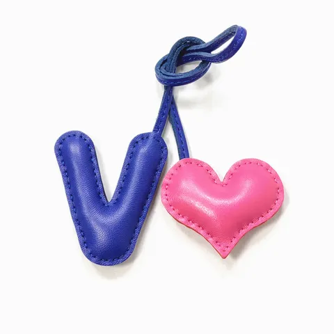 Handmade Real Leather Heart Letter V Bag Charm Keychain Women Car Accessory Hand Sewn Purse Ornament For Girls