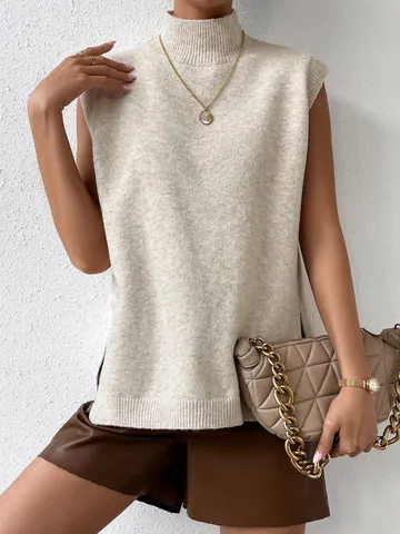 Chaleco de Suéter de Punto sin Mangas con Cuello Cisne Casual de Otoño Invierno para Mujer Color Sólido Pulóver Básico Acanalado