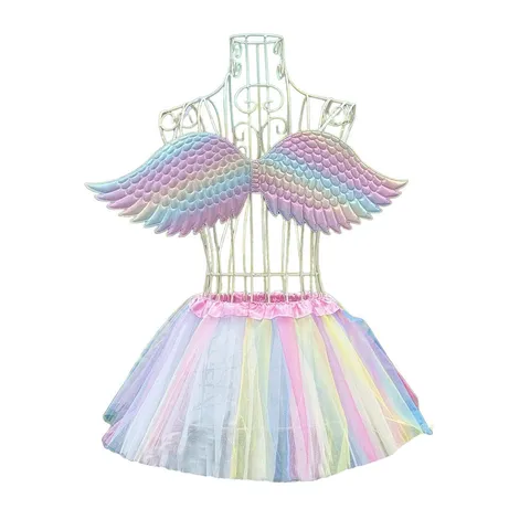 Girls Unicorn Costume Set Rainbow Gradient Wings And Tutu Skirt With Headband Printed Mesh Performance Clothing For Birthday Party Halloween