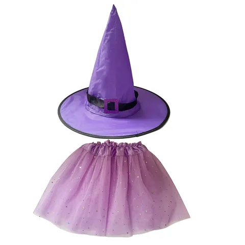 Halloween Purple Witch Hat Star Mesh Tutu Skirt Set Holiday Party Wizard Hat Ball Cosplay Costume Dress Up Props For Women Girls