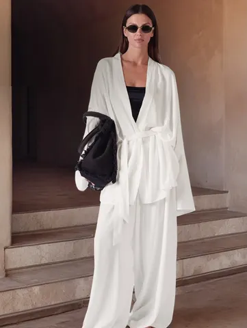 Women Casual Long Sleeve Cardigan And Long Pants Top And Bottom Solid Color Elegant Loungewear