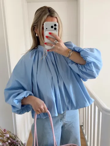 Women French Stand Collar Bow Tie Backless Bubble Sleeve Blouse Solid Color Elegant Casual Long Sleeve Shirt