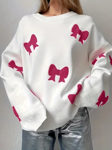 Dames Mode Zoete Strik Losse Ronde Hals Lange Mouw Gebreide Trui Winter Herfst Casual Pullover