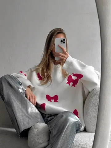 Dames Mode Zoete Strik Losse Ronde Hals Lange Mouw Gebreide Trui Winter Herfst Casual Pullover