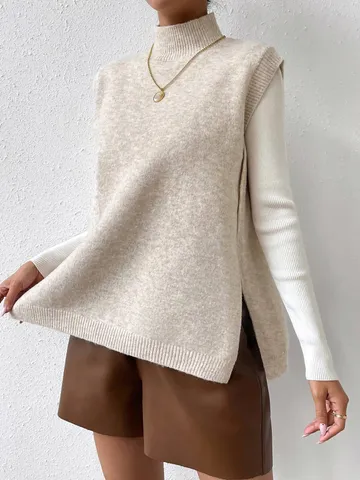 Chaleco de Suéter de Punto sin Mangas con Cuello Cisne Casual de Otoño Invierno para Mujer Color Sólido Pulóver Básico Acanalado