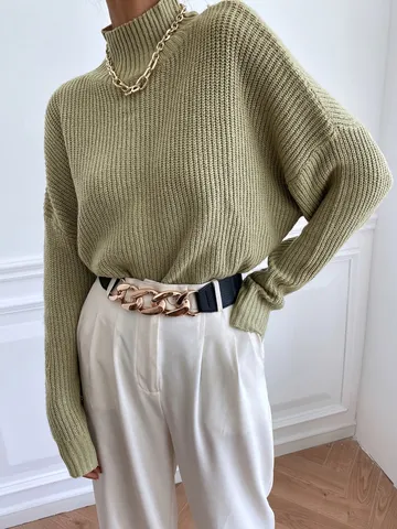 Women Casual High Neck Solid Color Loose Knit Sweater Autumn Winter Long Sleeve Pullover Lazy Style Apparel