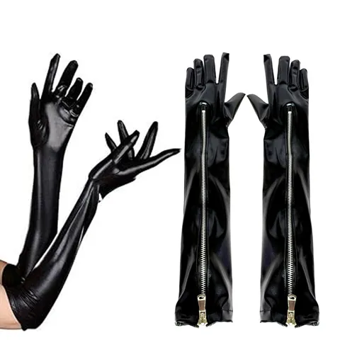 Sexy Lange Dames Lakleren Handschoenen Met Metalen Rits Glanzend Kunstleer Over de Elleboog Voor Podium Cosplay Feest