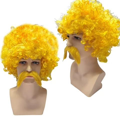 Ensemble Perruque Afro Jaune Et Moustache Party Fan Cosplay Costume Perruque De Clown Moustache Drôle Fibre Synthétique
