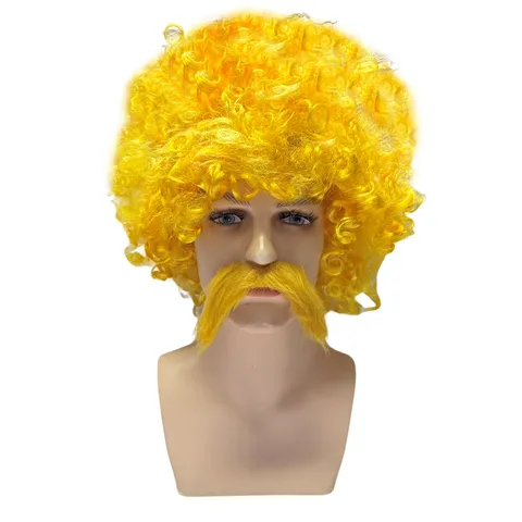 Ensemble Perruque Afro Jaune Et Moustache Party Fan Cosplay Costume Perruque De Clown Moustache Drôle Fibre Synthétique