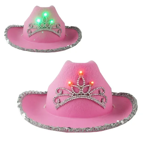 Ροζ Καπέλο Cowgirl Με Στέμμα από Στρας LED Φωτεινό Καπέλο Δυτικού Κουμπόι Διακόσμηση με Πούλιες Άκρη με Φτερά Αξεσουάρ Μεταμφίεσης