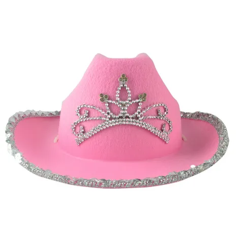 Ροζ Καπέλο Cowgirl Με Στέμμα από Στρας LED Φωτεινό Καπέλο Δυτικού Κουμπόι Διακόσμηση με Πούλιες Άκρη με Φτερά Αξεσουάρ Μεταμφίεσης