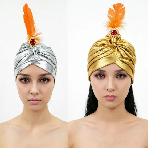 Indischer Stil Feder Turban Hut Sultan König Kostüm Kopfschmuck Mit Strass Für Erwachsene Performance Party Requisite