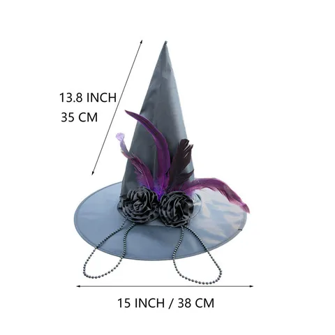Cappello da Strega Appuntito Nero di Halloween in Stile Gotico Decorazione con Rose e Piume Copricapo da Festa per Donna Cosplay