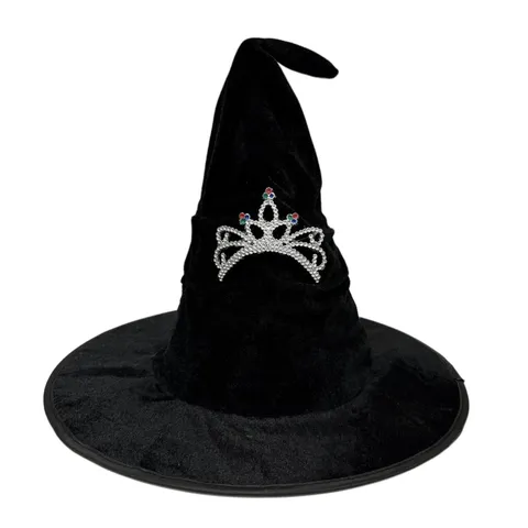 Chapeau de Sorcière Halloween en Flanelle Plissé Chapeau de Magicien Avec Couronne de Strass Ruban Cosplay Fête Costume Coiffe