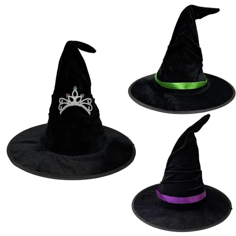 Chapeau de Sorcière Halloween en Flanelle Plissé Chapeau de Magicien Avec Couronne de Strass Ruban Cosplay Fête Costume Coiffe