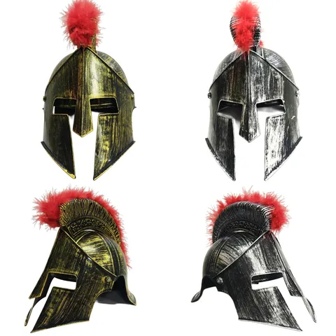 Ancient Roman Spartan Warrior Helmet With Red Feather Crest Halloween Party Viking Pirate Costume Distressed Plastic Hat