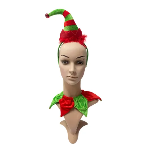 Christmas Elf Hat Headband And Bell Collar Set Red Green Striped Feather Novelty Headpiece For Holiday Party Decorations