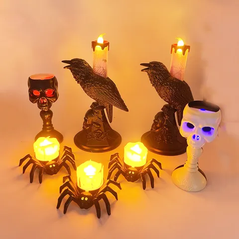 Gothic Halloween Crow Skull LED Candle Light Plastic Spiderweb Electronic Night Lamp For Festive Party Home Table Decoration
