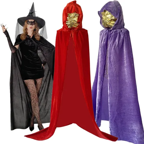 Adult Halloween Hooded Velvet Cloak For Women Men Reaper Cape Witch Costume For Carnival Performance Long Hooded Robe