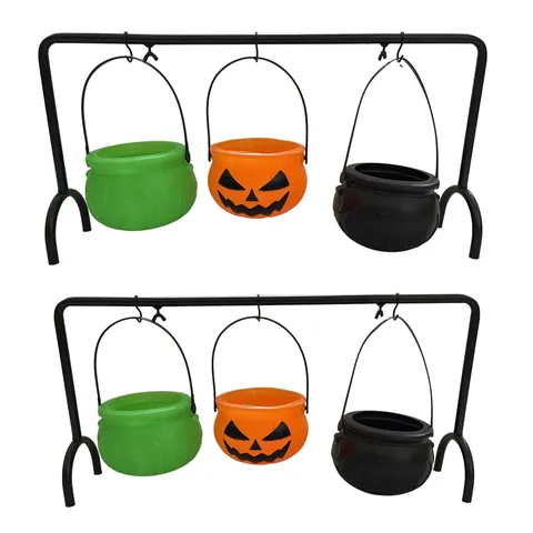 Halloween Witch Cauldron And Pumpkin Jar Set With Iron Stand Black Green Orange Plastic Candy Bowls For Party Table Decor