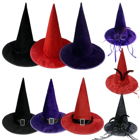Velvet Halloween Witch Hat Mysterious Costume Party Wizard Pointed Cap With Rhinestone Buckle Feather Rose Decoration For Women Men Holiday Masquerade Accessories