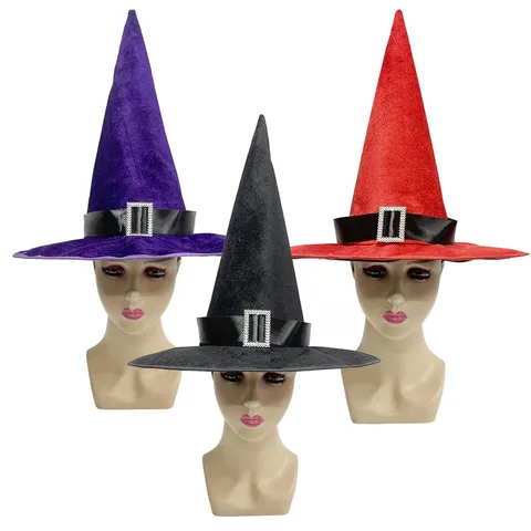 Halloween Witch Hat Velvet Wizard Hat With Satin Ribbon Rhinestone Buckle Black Purple Red Party Costume Cosplay Dress Up Hat