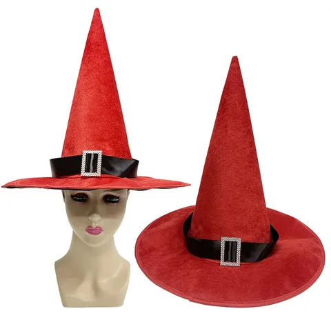 Velvet Halloween Witch Hat Mysterious Costume Party Wizard Pointed Cap With Rhinestone Buckle Feather Rose Decoration For Women Men Holiday Masquerade Accessories