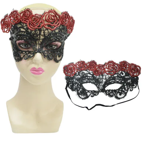 Máscara de Mascarada de Encaje Negro para Mujer Máscara de Ojos Gótica Rosa Roja Flor Calavera Accesorio para Fiesta de Halloween Navidad