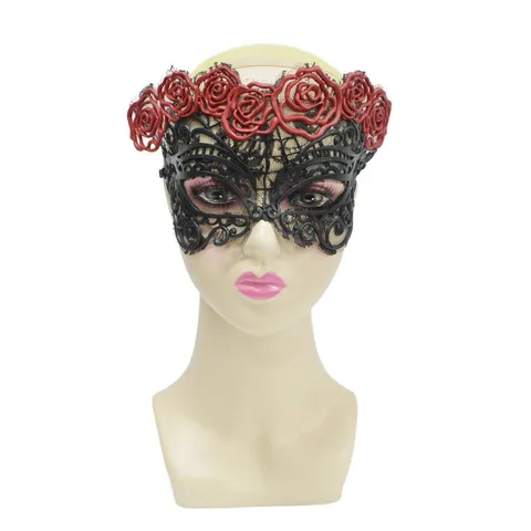 Máscara de Mascarada de Encaje Negro para Mujer Máscara de Ojos Gótica Rosa Roja Flor Calavera Accesorio para Fiesta de Halloween Navidad