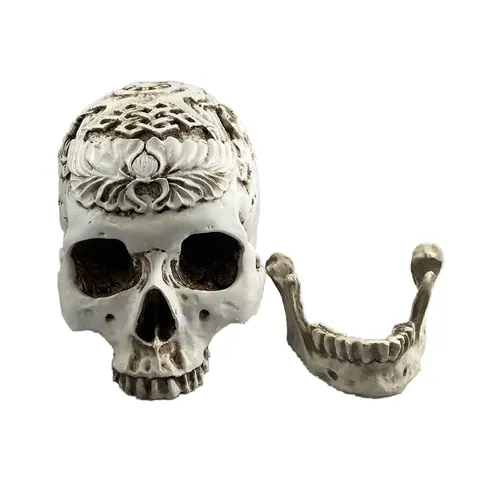 Resin Carved Skull Model Halloween Human Skull Craft Ornament Antique White Gothic Home Decor Aquarium Decoration Skeleton Head