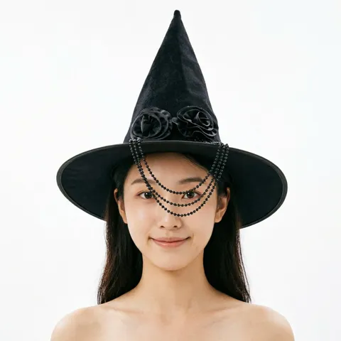 Damen Halloween Hexenhut Schwarz Samt Spitzhut Mit Rose Perlenkette Spinne Deko Cosplay Party Kostüm Zubehör