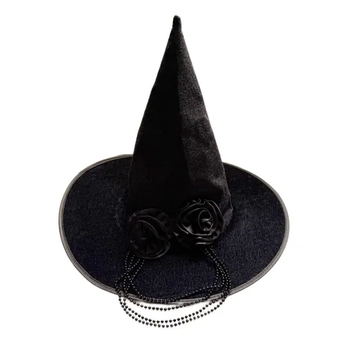 Damen Halloween Hexenhut Schwarz Samt Spitzhut Mit Rose Perlenkette Spinne Deko Cosplay Party Kostüm Zubehör