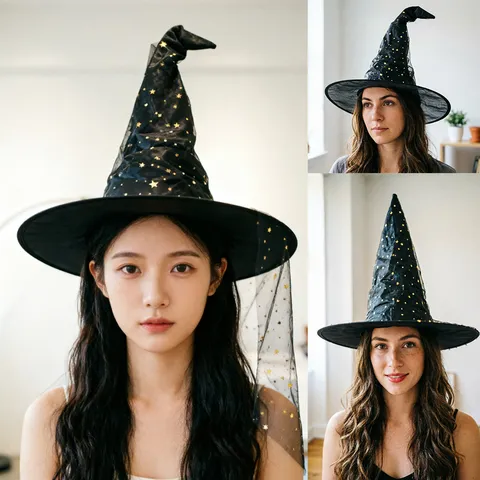 Halloween Witch Hat Polyester Ruched Wizard Party Headwear Masquerade Mesh Hat Star Pattern Cosplay Costume Accessory For Women