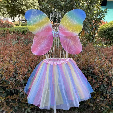 Kids Rainbow Butterfly Wings Tutu Skirt Set Children Angel Fairy Wings Performance Costume Props For Party Dress Up