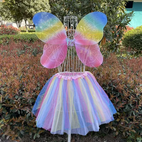 Kids Rainbow Butterfly Wings Tutu Skirt Set Children Angel Fairy Wings Performance Costume Props For Party Dress Up