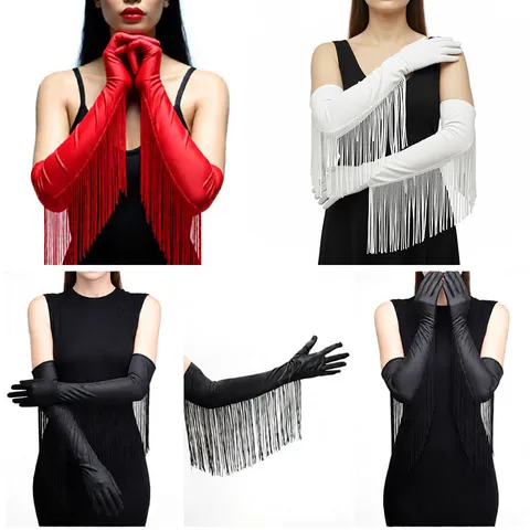 Damen Lange Fransen Opernhandschuhe Elegante Satin Quasten Handschuhe Für Hochzeit Party Bühne Performance Sexy Abendkleid Zubehör
