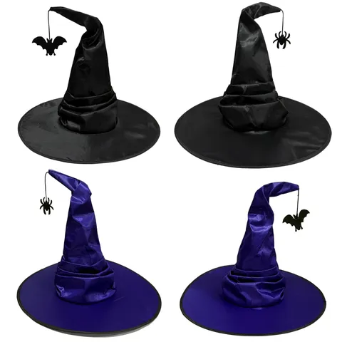 Chapeau de Sorcière Gothique Ridé d'Halloween Avec Pendentif Chauve-souris Araignée pour Femme Déguisement de Magicien