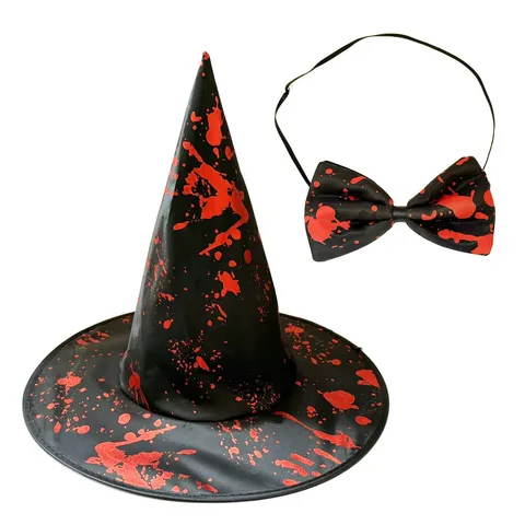 Halloween Bloodstain Witch Hat Spooky Wizard Hat With Matching Splatter Bowtie Costume Accessories For Party Decor Adults Kids