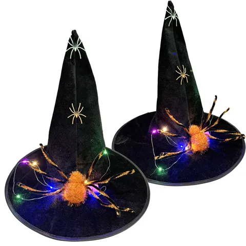 Halloween Glowing Witch Hat With Plush Spider LED Light Black Velvet Pointed Wizard Hat For Cosplay Party Decoration